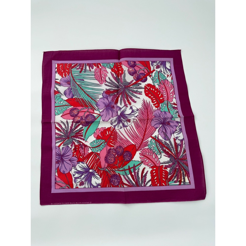 Vintage Wamcraft Tropical Floral Bandana Scarf Magenta Purple Hibiscus USA Made